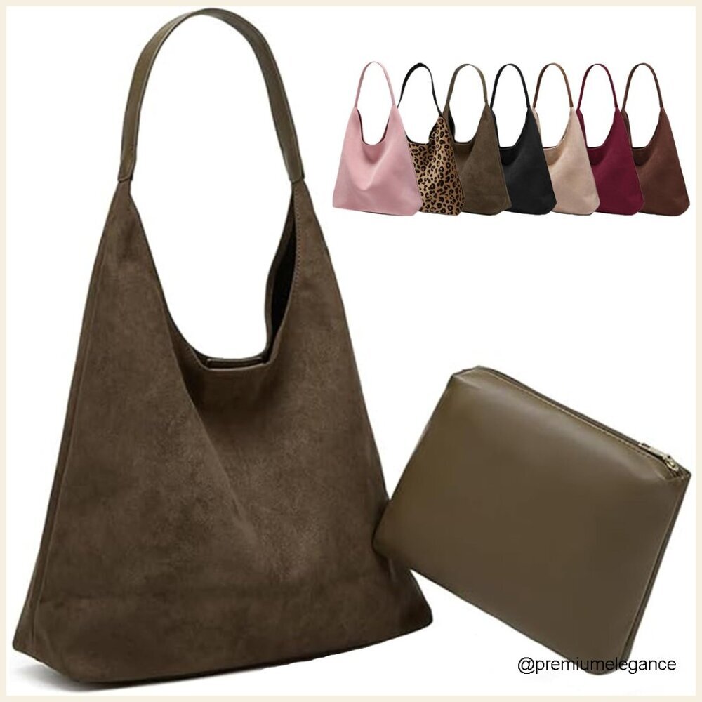 Large Faux Suede Work Tote Bag, Boho Slouchy Hobo Purse for Women
